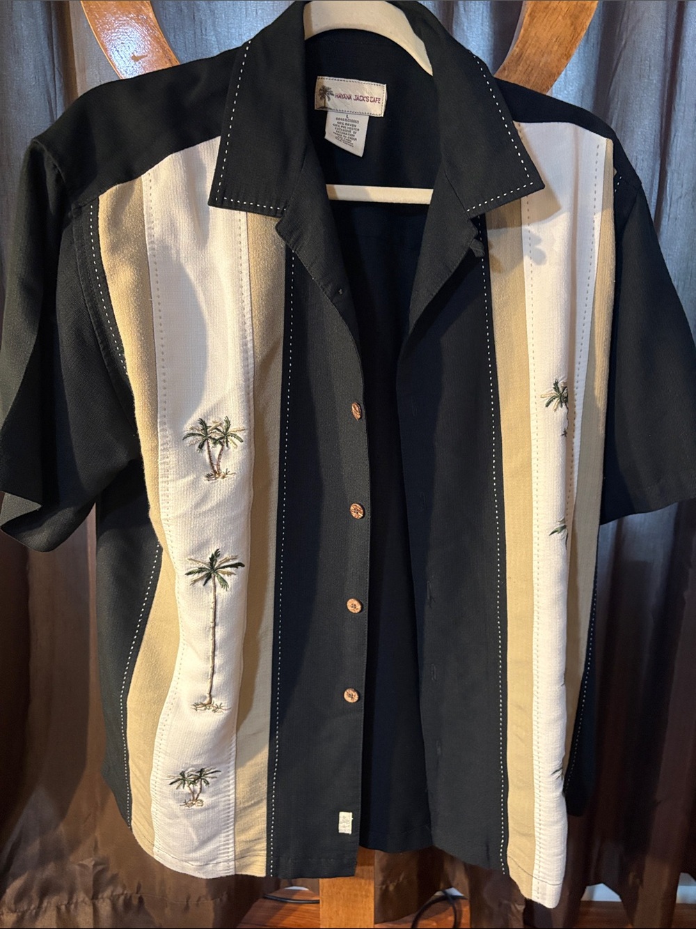 Havana Jacks Cafe Classic Black & Cream Palm-Embroidered Men's Camp Shirt size L